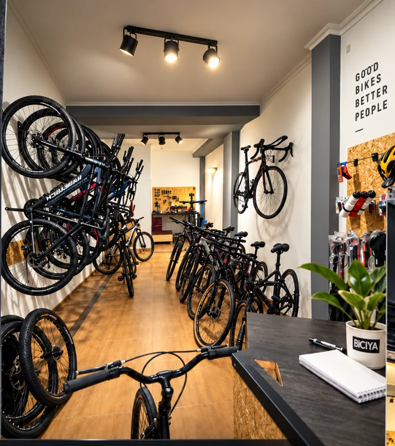 Interior de BICIYA en Moreno BIS 135: bicicletas, accesorios y mostrador. Fotografía del local retocada.