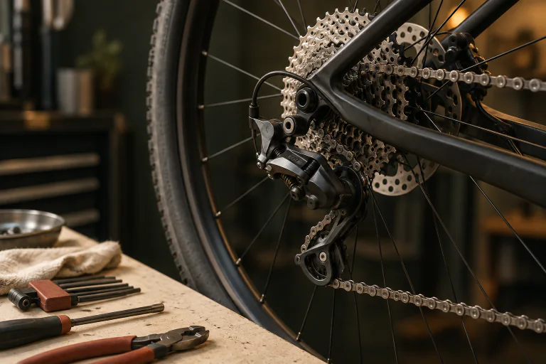 Escena conceptual de mantenimiento: transmisión de bicicleta y herramientas sobre una mesa de trabajo